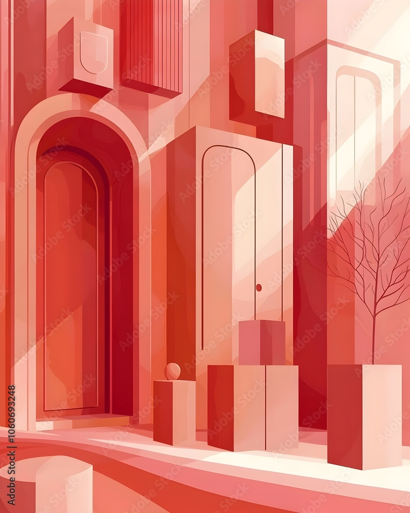 Poster an abstract composition featuring geometric shapes and architectural forms in a warm red palette, cr