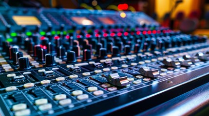 Fototapeta premium A large mixer with multiple s and buttons used for adjusting audio levels.