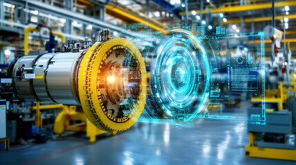 Engineer inspecting digital overlay of machine components in factory
