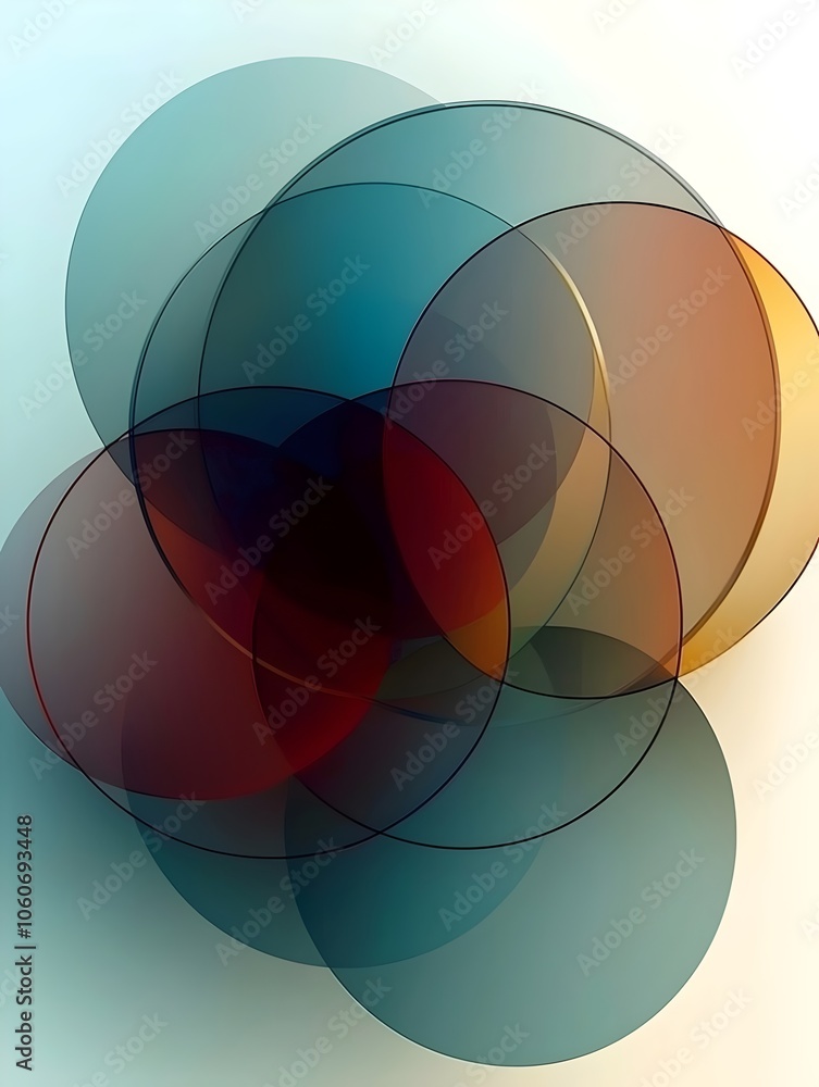 Poster an abstract composition featuring overlapping circles in various transparent hues of blue, orange, a