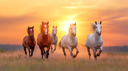 Galloping wild horses run through golden field at sunset, creating stunning scene of freedom and beauty. Their powerful strides capture essence of nature grace