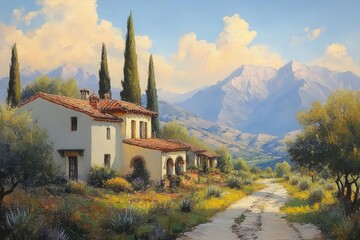 charming mediterranean landscape painting featuring sunsoaked hills olive groves and rustic villas under a warm golden light the scene evokes a sense of relaxation and timeless beauty