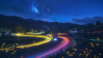 Fireflies seem to dance in the night sky but its actually the glowing car light trails traveling through the heart of the mountain village.