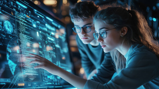Girl and guy programmers working in front of a big glowing monitor screen at night