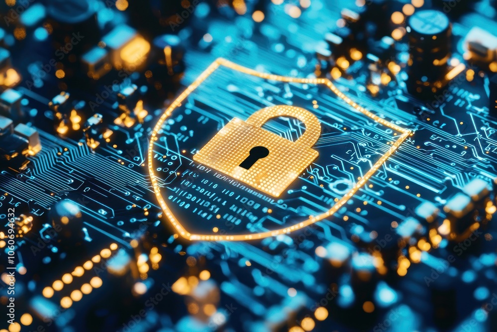 Aufkleber A Golden Lock Symbol Embedded in a Blue Circuit Board Representing Cybersecurity