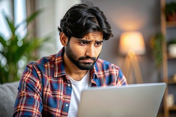 In his home office, a young Indian man appears troubled and concerned during a video call, intensely concentrating on his laptop and the discussion at hand.