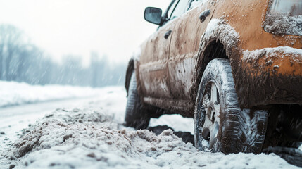 Car bumper partially submerged in a snowbank by the roadside during a snowstorm in winter