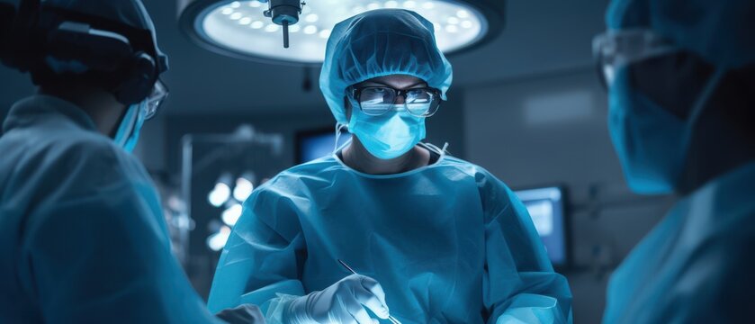 A surgeon in a mask, focused and illuminated by surgical lights, exemplifying precision and dedication in the operating room.