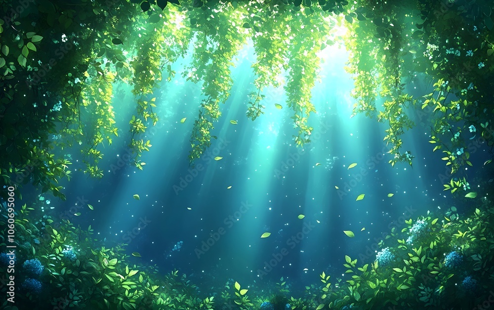 Aufkleber a serene and enchanting forest scene featuring vibrant green foliage illuminated by soft sunlight, c