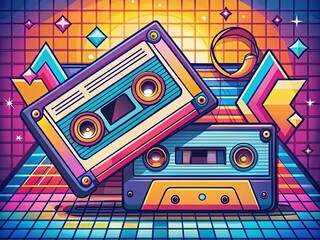 Retro Audio and Video Cassettes Cartoon Vector Illustration, Nostalgic 90s Aesthetic, Vintage Technology, Colorful Graphics, Playful Design, Pop Culture Icons, Digital Art
