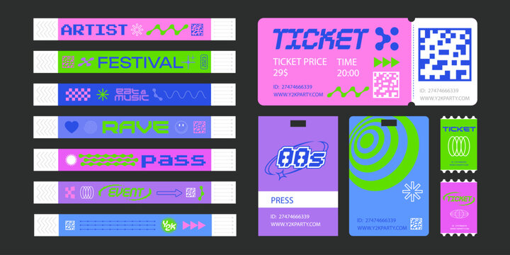 Event ticket for party. Bracelet control design for dances, music festivals. Sticky wristbands pass in Y2K style.