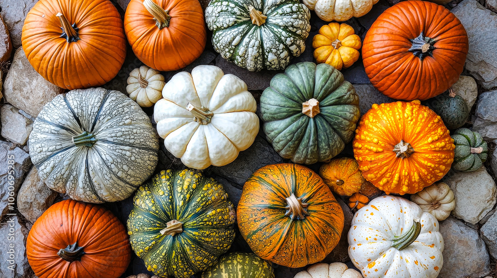 Poster different types of pumpkins in vibrant colors placed on a rustic stone background, showcasing the be