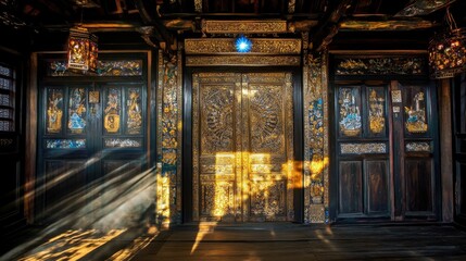 Ornate Golden Temple Doors Illuminated by Sunlight