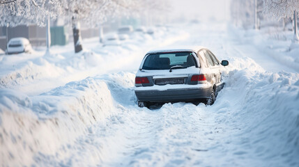 Car stuck in a snowbank on a winter road with trees covered in snow in a quiet, cold landscape