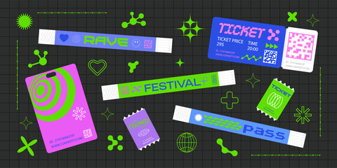 Event ticket for party. Bracelet control design for dances, music festivals. Sticky wristbands pass in Y2K style.