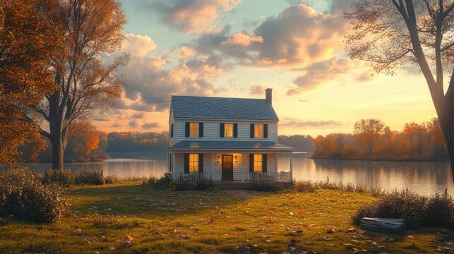 charming saltbox house with louvered shutters and brass handles set against a picturesque landscape showcasing classic architecture and inviting warmth