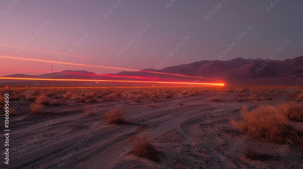 Poster the vibrant light trails of a passing car adding a burst of color to the muted desert tones.