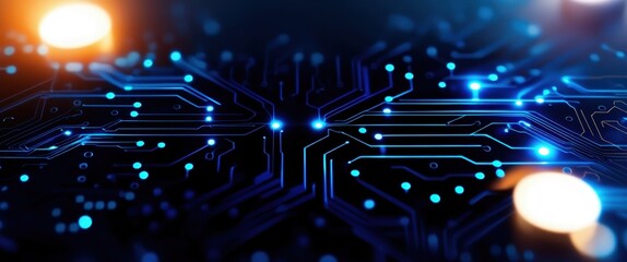 Circuit board, microchip, blue glow, futuristic technology, digital landscape, neon lights, electronic pathways, high-tech, cybernetic, data flow, artificial intelligence, neural network, computer pro