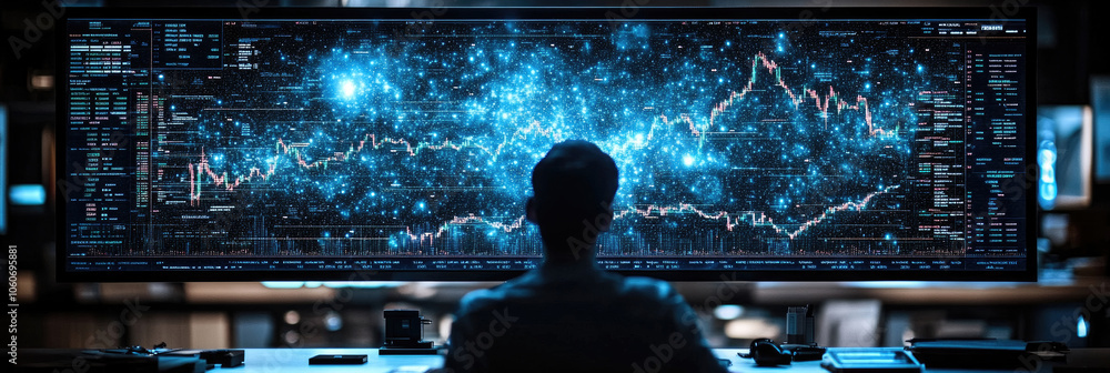 Poster a person studies complex data visualizations on a large display, immersed in analytics, in a sleek o