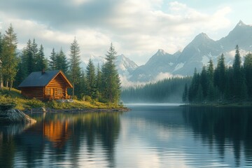 Obraz premium A wooden cabin sits on the shore of a calm lake with a mountain range in the background. The sun is shining and the sky is blue with some clouds.