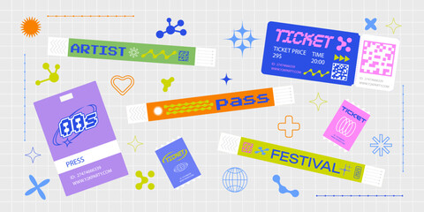 Event ticket for party. Bracelet control design for dances, music festivals. Sticky wristbands pass in Y2K style.