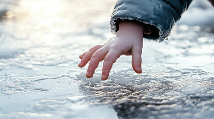 Child reaches out for assistance after slipping and falling on icy surface during winter