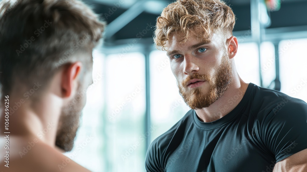 Poster a personal trainer guiding a client through a series of exercises, providing encouragement and ensur