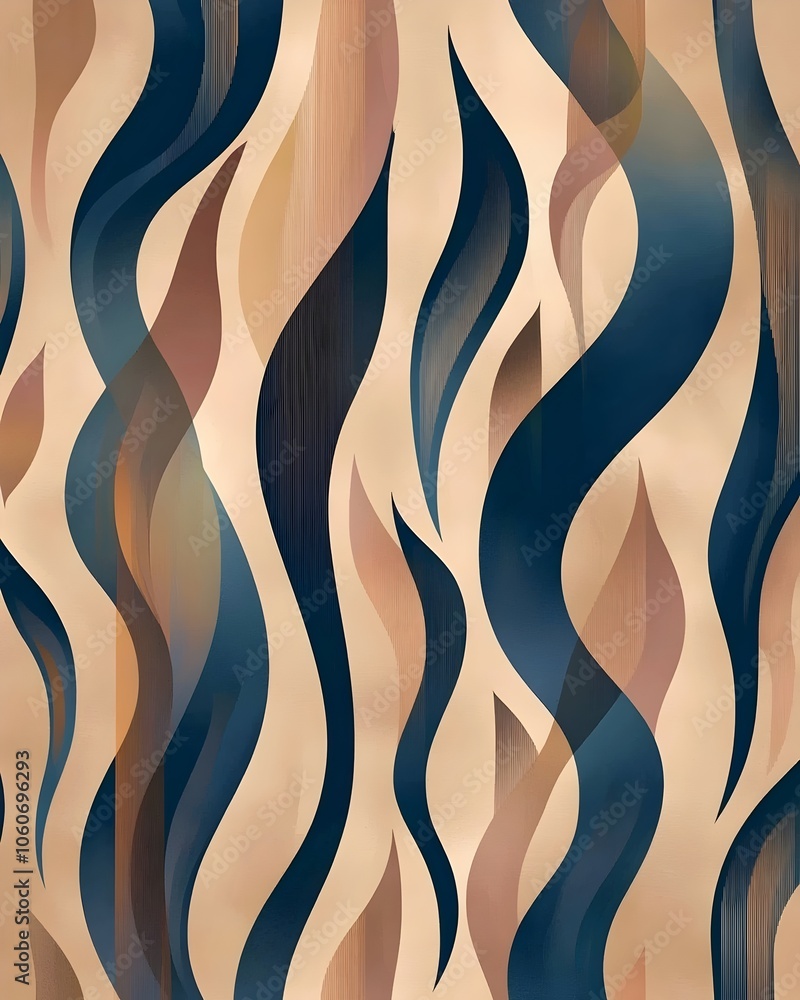 Aufkleber an abstract pattern featuring flowing wavy shapes in earthy tones of blue, brown, and beige, creatin
