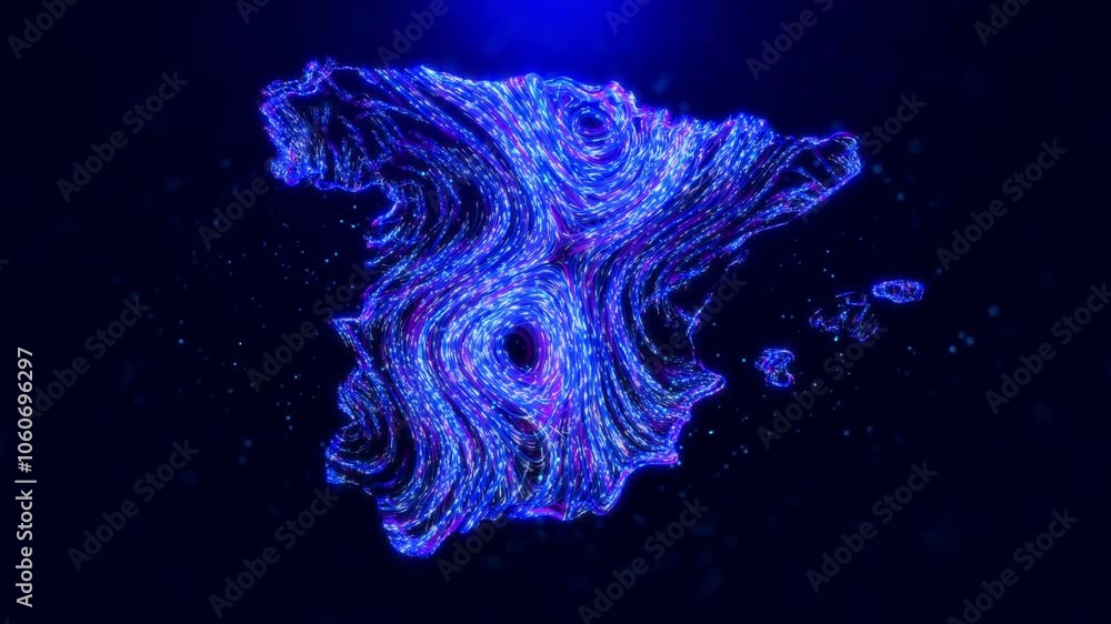 Poster abstract motion view spain map design, featuring glowing blue hairlines, dynamic flowing patterns, a