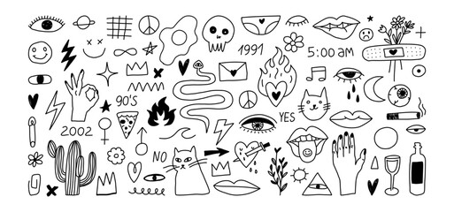 Set of tattoo hand drawn doodle. Metal or punk music doodle scribble vector.  Scribble elements