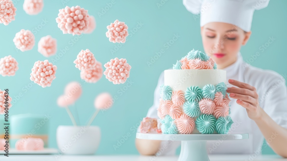 Poster a pastry chef decorating a cake with intricate piping and colorful frosting, creating a work of art 