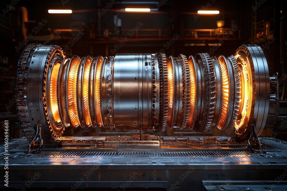 Poster a close-up view of a glowing turbine rotor assembly