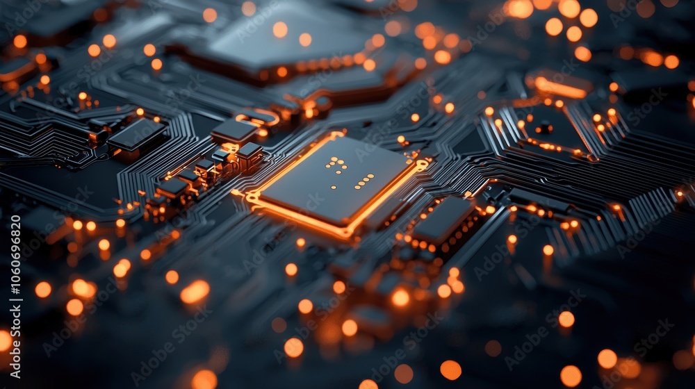 Poster a close up shot of a complex circuit board with glowing pathways, data packets flowing rapidly, show