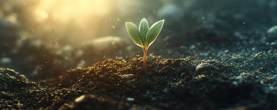 Illustration of a tender sprout emerging from healthy soil, enveloped in soft sunlight, representing the fragility and resilience inherent in new growth