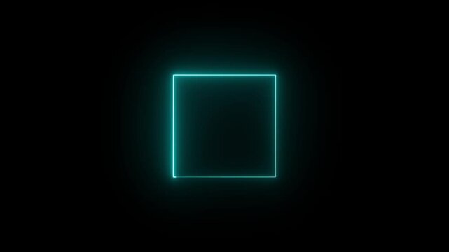 Glowing neon cyan color square frame animation. Abstract neon effect square border frame animation.