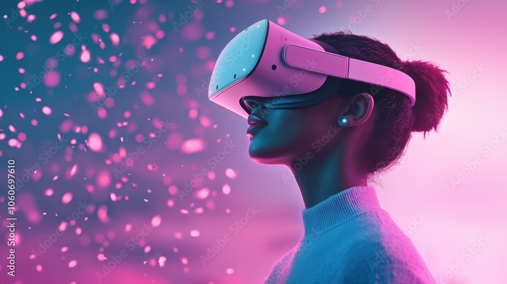 Poster a person wearing a vr headset completely immersed in a virtual environment, interacting with digital