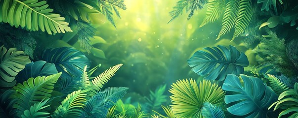 Illustration of vibrant green fern plants filling the background, creating a lush, natural setting that enhances the richness and diversity of surrounding flora