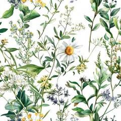 Delicate Floral Watercolor Pattern with Wildflowers and Leaves on White Background