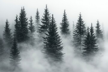 Tall Evergreen Trees in a Thick Foggy Forest