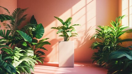 Elegant minimalist pedestal, surrounded by vibrant plants, soft pink backdrop, and natural lighting.