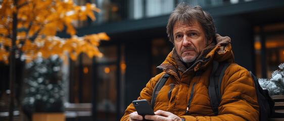A contemplative man dressed in an orange jacket sits on a bench, using his smartphone amidst the vibrant autumn foliage