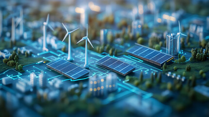 futuristic city model featuring solar panels and wind turbines, showcasing sustainable energy solutions and advanced technology in eco friendly environment