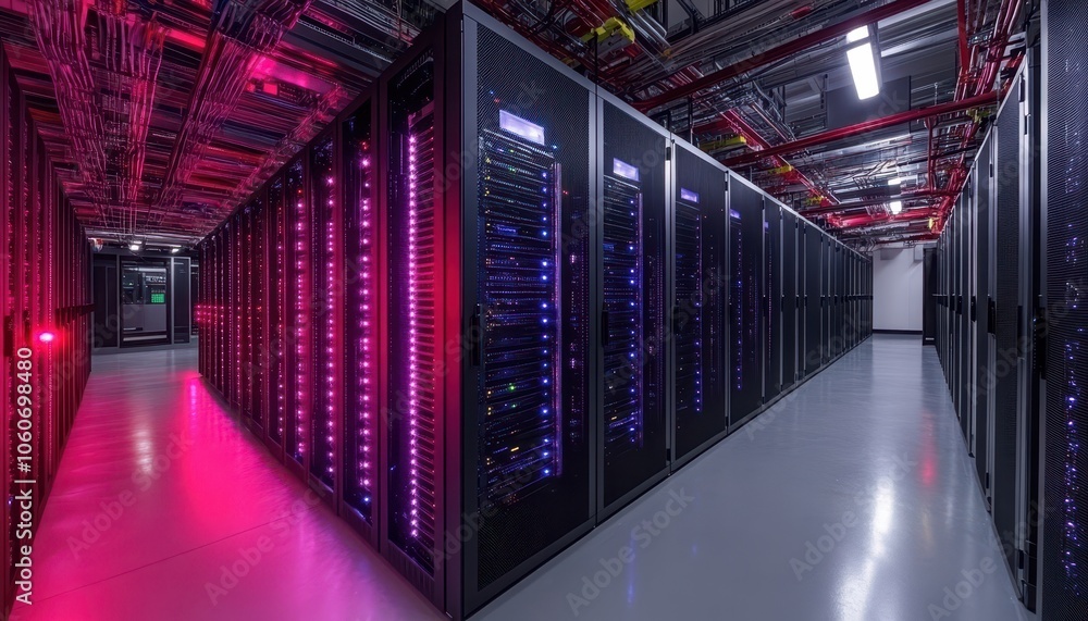 Poster modern data center with racks of servers and technicians managing cooling systems