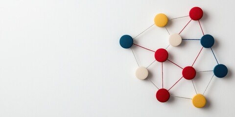 Obraz premium Colorful geometric shapes connected with strings on a white isolated background.
