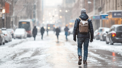 Individual cautiously navigating a slippery street during winter snowfall in a busy urban setting