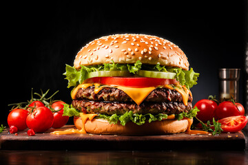 Delicious double burger with melted cheese, lettuce, and tomato on sesame seed bun ia