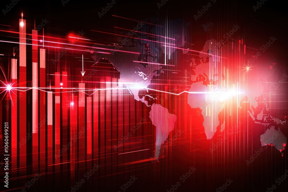Aufkleber Red Abstract Digital World Map with Data Flow and Trend Lines
