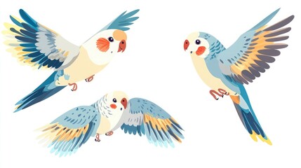 Obraz premium Three colorful parakeets with yellow, blue, and grey feathers fly in a playful, vibrant scene.