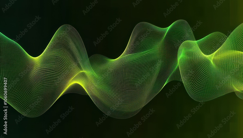 Poster wavy green neon lines create a digital technology background in abstract style