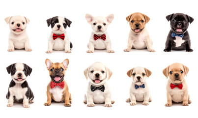 Collection of Cute puppies wearing bow ties isolate on white background
